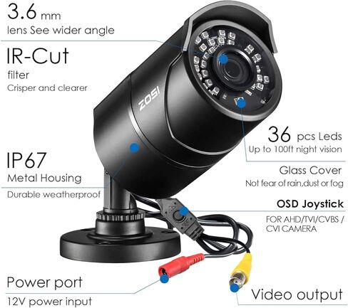 ZOSI 2.0 MP 1080P 4 في 1 كاميرات أمان TVI/CVI/AHD/CVBS كاميرا ليلية نهارية مسافة 100 قدم بالأشعة تحت الحمراء، غلاف معدني من الألومنيوم، متوافق مع HD-TVI، AHD، CVI، وCVBS/960H DVR التناظري (مجدد معتمد) in Kuwait