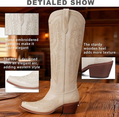 CELNEPHO Cowboy Boots For Women Knee High Western Boots With Classic Embroidered Chunky Heel Slip On Zipper Square Toe Fashion Cowgirl Tall Boots For Women in Kuwait