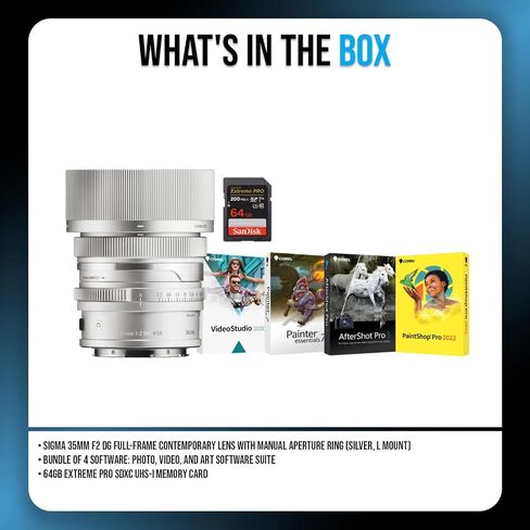 Sigma 35mm F2 DG Silver Contemporary Lens for L Mount Bundle with Editing Software and 64GB SD Card (3 Items) in Saudi Arabia