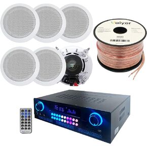 Home Theater System Kit 2000 Watts Bluetooth Amplifier with 6 Qty 5.25" 175 Watts in-Wall in-Ceiling Frameless Speakers & 16 Gauge 250 ft. Speaker Wire by Technical Pro