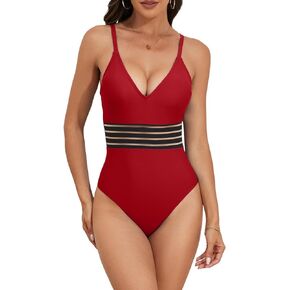 Eomenie Women's One Piece Swimsuit Tummy Control Mesh Bathing Suit Slimming V Neck Swimwear