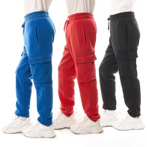 Boys 3-Pack Fleece Active Athletic Workout Jogger Pants with Cargo Pocket and Drawstring