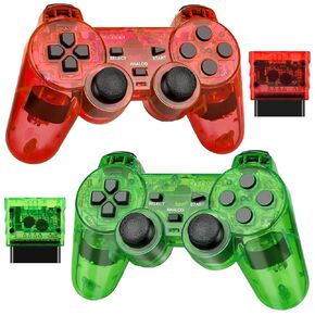 Doueuain Wireless Controller for PS2, 2 Pack 2.4G Dual Vibration Gamepad Joystick Compatible for Play station 2, Ps-2 Game Remote with Wireless Receivers（Clear Red and Clear Blue）