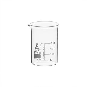 EISCO 12PK Beakers, 25ml - Griffin Style, Low Form with Spout - White, 5ml Graduations - Borosilicate 3.3 Glass