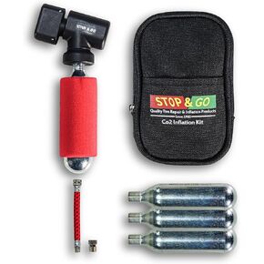 Stop & Go 1090A Motorcycle, Bicycle, Lawnmower, & ATV Tire Inflation Kit Presta & Schrader Valve Compatible w/ CO2 & Canvas Storage Pouch (Stop & Go 1090A)