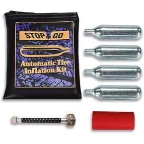 Stop & Go 1090A دراجة نارية، دراجة، جزازة العشب، ومجموعة نفخ الإطارات ATV صمام بريستا وشرايدر متوافق مع ثاني أكسيد الكربون وحقيبة تخزين قماشية (Stop & Go 1090A)