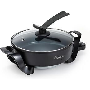 Samoris Electric Skillet with lid 3 Quart 10 Inch Round Cooker with Nonstick Coating,Electric Hot Pots and Frying Pan,Adjustable Temperature, Tempered Glass Lid with Vent, 1200W,Black