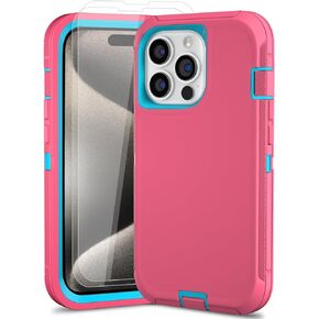 PQC iPhone 15 Pro Max Case with Belt Clip and 2 Pack Screen Protector - Heavy Duty Shockproof Military Grade Drop Protective Full Body Rugged Dust-Proof Cover(Blackgreen+Clip)