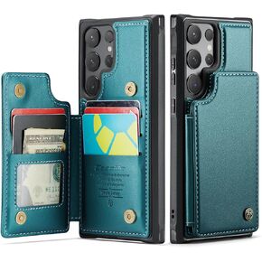 WAWZ for Samsung S24 Ultra Case with Card Holder, with RFID Blocking Kickstand Double Magnetic Clasp Wallet Case for Men Women, for Samsung Galaxy S24 Ultra 6.8" (Blue Green)