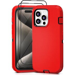 حافظة PQC لهاتف iPhone 15 Pro Max مع مشبك حزام وعبوتين من واقي الشاشة - غطاء متين مقاوم للصدمات من الدرجة العسكرية لكامل الجسم مقاوم للغبار (أسود أخضر + مشبك)