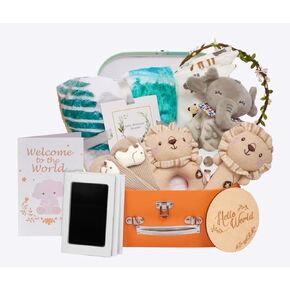 Baby Shower Gifts Gift Set for Newborn 11Pcs Baby Shower Gifts Basket with Baby Milestone Blanket Baby Rattle Elephant Lovey Blanket Wooden Keepsake Bibs Socks Essentials for Baby Boys Baby Gift Sets