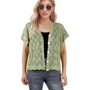 Slippie Women's Open Front Knit Cropped Bolero Shrug Cardigan Sweater Short Sleeve V Neck Hollow Out Top