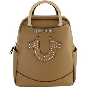 True Religion Women's Mini Backpack, Studded Horseshoe Logo Small Travel Bag Purse, Adjustable Shoulder Straps, White, 11 Inch