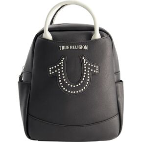 True Religion Women's Mini Backpack, Studded Horseshoe Logo Small Travel Bag Purse, Adjustable Shoulder Straps, White, 11 Inch