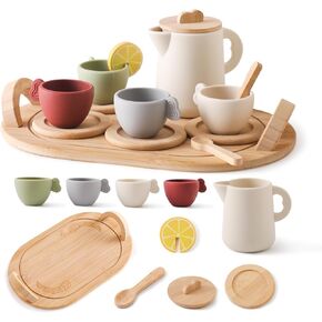 Wooden Tea Party Set for Little Girls 14pcs Toddler Tea Set with Silicone Teapot Cups Carrying Tray Scoop Kids Kitchen Accessories Pretend Play Wooden Toys for 3 4 5 6 Year Old Girl Birthday Gift
