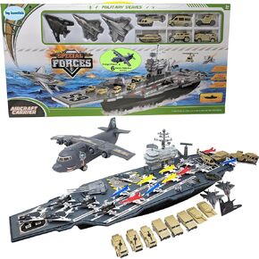 Toy Aircraft Carrier Army Men with Cargo Plane 18 Warplane Fighter Jets and 6 Extra Military Vehicles