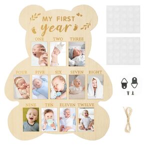 R HORSE My First Year Photo Display Wood Board, Baby’s First Year Picture Frame 12 Months Milestone Board Bear Shape 1st Birthday Photo Frame Baby Keepsake Board Nursery Decor Gift for Boy Girl