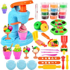 VBACALA Play Color Dough Set for Kids, 32PCS Ice Cream Playdough Toys Kitchen Maker Machine Art Dough Creation Tool Playset for Toddlers Kids Ages 3-8 with 12 Clay Dough
