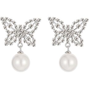 Sylph Butterfly Pearl Dangle Earrings for Women, 18k Gold Plated Butterfly Studs with Cubic Zircon and Drop Pearl, Ideal for Wedding, Mother, Brithday, Valentine
