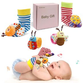 Bloobloomax Wrist Rattle Socks and Foot Finder Set, Infant Girl Boy Toys for Babies 0-36 Months, Newborn Hand & Foot Toys for 0 to 3 Years, Baby Shower Gifts Set with Wrist Rattle Socks (Dark Blue)