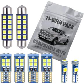 EBAIFUN 14-pc White LED Interior Light Kit Compatible with 2009 2010 2011 2012 2013 2014 2015 2016 2017 2018 Dodge Ram 1500 2500 3500 Map Dome Sun Visor License Plate Light Bulb Replacement Package