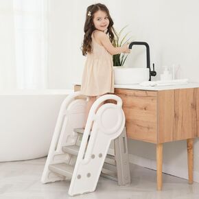 Harwaya Foldable Toddler Step Stool for Bathroom Sink, Adjustable Height 3 Step Kids Stool for Kitchen Counter, Plastic Child Helper Tower with Handles for Toilet Potty Training -White and Grey