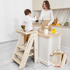 Forbena Collapsible Montessori Learning Standing Tower for Toddlers, Foldable Toddler Kitchen Stool Helper, Adjustable Plastic Kids Children Stepping Stool for Counter Bathroom Sink (Apricot)