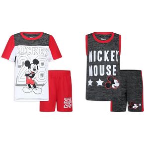 Disney Mickey Mouse Boys Mix Match T-Shirt, Tank Top, and Shorts 4 Piece Set for Toddlers and Big Kids - Grey