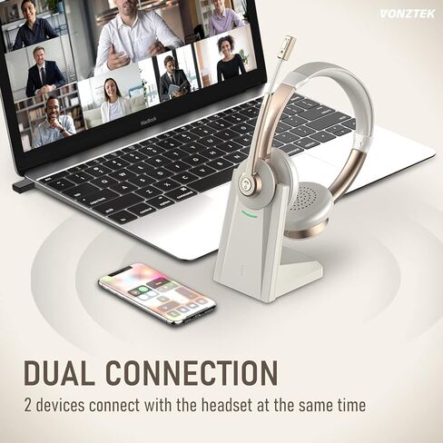 Wireless Headset, Bluetooth Headset with Microphone, QCC Wireless Headphones with Mic Mute Noise Canceling, Charging Base & USB Dongle for Work from Home/Call Center/PC/Laptop/Computer/Zoom in Kuwait
