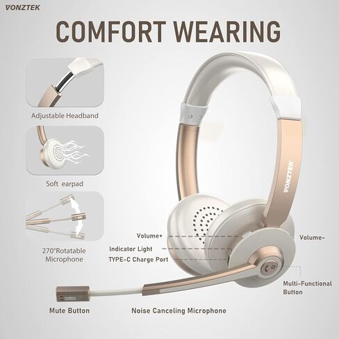 Wireless Headset, Bluetooth Headset with Microphone, QCC Wireless Headphones with Mic Mute Noise Canceling, Charging Base & USB Dongle for Work from Home/Call Center/PC/Laptop/Computer/Zoom in Kuwait