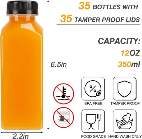 TOMNK 35pcs Juice Bottles, 12oz Plastic Bottles with Caps, Reusable Clear Bottles Beverage Containers Bulk with Lids, Label, Funnel and Brush for Juicing, Smoothies, Tea in Saudi Arabia