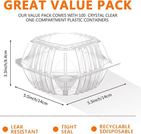 iHomeSet 200 قطعة من البلاستيك الشفاف السميك صدفي لتناول الطعام في الخارج، حاويات طعام للاستعمال مرة واحدة مع أغطية، مقاس 5.5 × 5.5 × 3.3 بوصة للسلطة والحلوى ومستلزمات المخابز in Kuwait