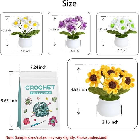 xscq مجموعات زهرة الكروشيه للمبتدئين عدة الكروشيه للمبتدئين مع دروس الفيديو خطوة بخطوة، مجموعات الكروشيه للبالغين والأطفال، DIY لوازم الحياكة عباد الشمس، 4 حزمة النباتات الزينة in Kuwait