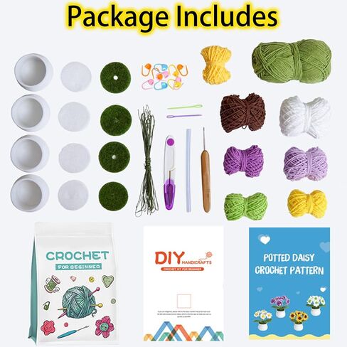 xscq مجموعات زهرة الكروشيه للمبتدئين عدة الكروشيه للمبتدئين مع دروس الفيديو خطوة بخطوة، مجموعات الكروشيه للبالغين والأطفال، DIY لوازم الحياكة عباد الشمس، 4 حزمة النباتات الزينة in Kuwait