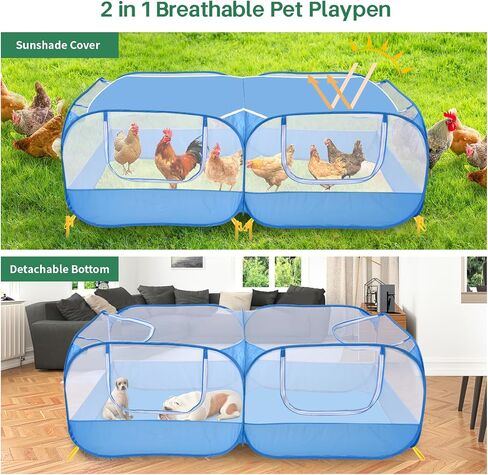 Jhua Pet Playpen for Small Animals, Portable Chicken Run with Detachable Bottom and Cover, Foldable Chicken Coop Indoor Outdoor Pet Pen with Transparent Mesh Walls for Chicken Duck Puppy Cat Rabbit in Saudi Arabia