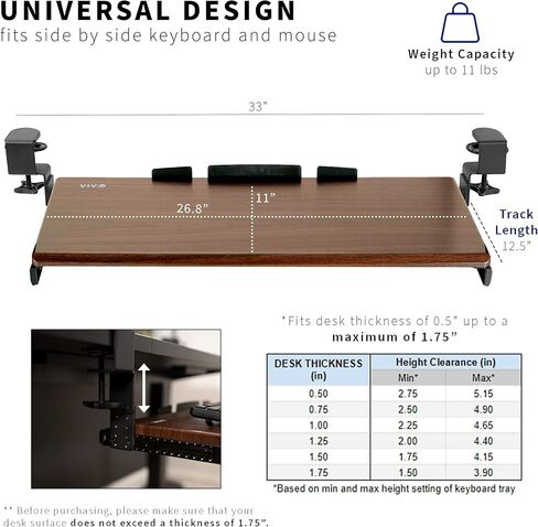 صينية لوحة مفاتيح VIVO كبيرة الارتفاع وقابلة للتعديل أسفل المكتب، نظام تثبيت بمشبك C، 27 (33 بما في ذلك المشابك) × 11 بوصة درج كمبيوتر بمنصة منزلق للخارج للكتابة، أسود، MOUNT-KB05HB in Kuwait