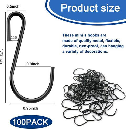 100 Pack S Hooks for Hanging Plants, 1.73 Inch Small Black S Hooks, Heavy Duty Mini S Hooks, Ornament Hooks for Hanging Jewelry, Plants Decorations, Key Chains, Necklaces, Lights, Crafts in Saudi Arabia