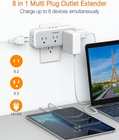 Multi Plug Outlet Splitter, TESSAN Surge Protector 5 Outlet Extender with 3 USB Wall Charger, 3-Sided Multiple Plug Expander for Home Office Dorm Room Essentials in Saudi Arabia