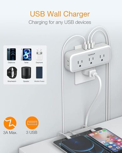 Multi Plug Outlet Splitter, TESSAN Surge Protector 5 Outlet Extender with 3 USB Wall Charger, 3-Sided Multiple Plug Expander for Home Office Dorm Room Essentials in Saudi Arabia