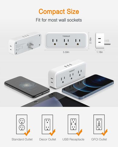 Multi Plug Outlet Splitter, TESSAN Surge Protector 5 Outlet Extender with 3 USB Wall Charger, 3-Sided Multiple Plug Expander for Home Office Dorm Room Essentials in Saudi Arabia
