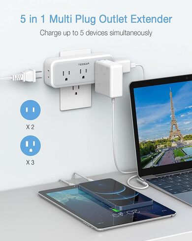 مقسم منافذ متعددة المكونات، موسع TESSAN Surge Protector 5 منافذ مع 3 شاحن حائط USB، موسع قابس متعدد ثلاثي الجوانب للمنزل والمكتب وأساسيات غرفة النوم in Kuwait