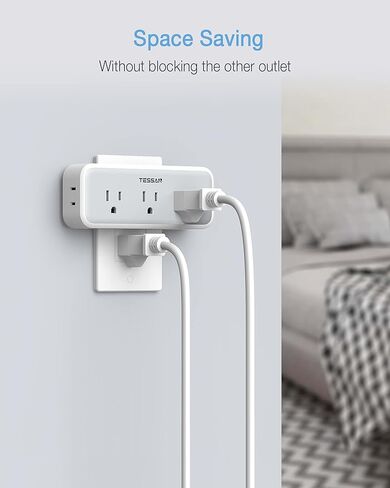 مقسم منافذ متعددة المكونات، موسع TESSAN Surge Protector 5 منافذ مع 3 شاحن حائط USB، موسع قابس متعدد ثلاثي الجوانب للمنزل والمكتب وأساسيات غرفة النوم in Kuwait