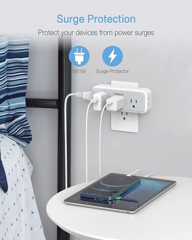 مقسم منافذ متعددة المكونات، موسع TESSAN Surge Protector 5 منافذ مع 3 شاحن حائط USB، موسع قابس متعدد ثلاثي الجوانب للمنزل والمكتب وأساسيات غرفة النوم in Kuwait