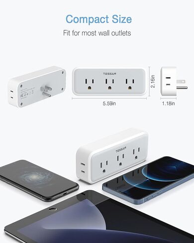 مقسم منافذ متعددة المكونات، موسع TESSAN Surge Protector 5 منافذ مع 3 شاحن حائط USB، موسع قابس متعدد ثلاثي الجوانب للمنزل والمكتب وأساسيات غرفة النوم in Kuwait