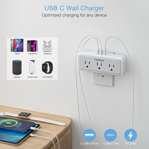 Multi Plug Outlet Splitter, TESSAN Surge Protector 5 Outlet Extender with 3 USB Wall Charger, 3-Sided Multiple Plug Expander for Home Office Dorm Room Essentials in Kuwait