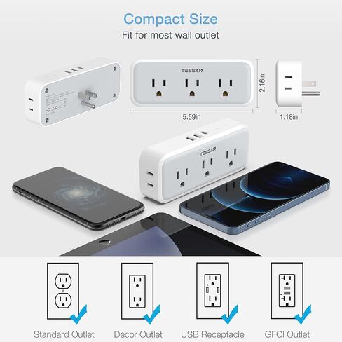 Multi Plug Outlet Splitter, TESSAN Surge Protector 5 Outlet Extender with 3 USB Wall Charger, 3-Sided Multiple Plug Expander for Home Office Dorm Room Essentials in Kuwait