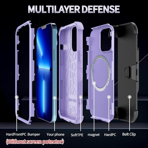 Unitedtime for iPhone 13 Case Magnetic with Belt-Clip Holster Compatible with MagSafe, Rugged Shockproof Military Protective Phone Cover Heavy Duty (Purple) in Saudi Arabia