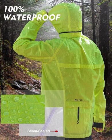 ROTTO Mens Cycling Rain Jacket Waterproof Windbreaker for Outdoor Hooded Packable Lightweight Reflective in Saudi Arabia