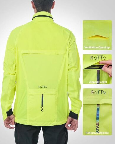 ROTTO Mens Cycling Rain Jacket Waterproof Windbreaker for Outdoor Hooded Packable Lightweight Reflective in Saudi Arabia