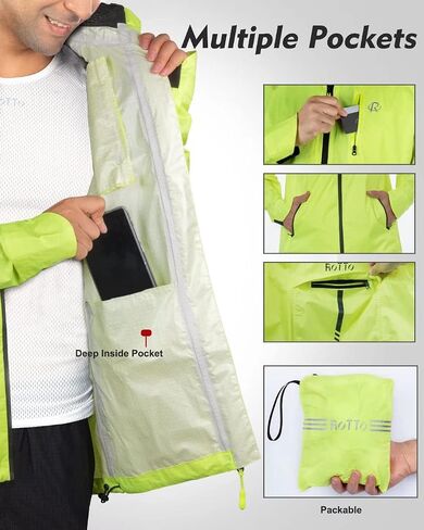 ROTTO Mens Cycling Rain Jacket Waterproof Windbreaker for Outdoor Hooded Packable Lightweight Reflective in Saudi Arabia